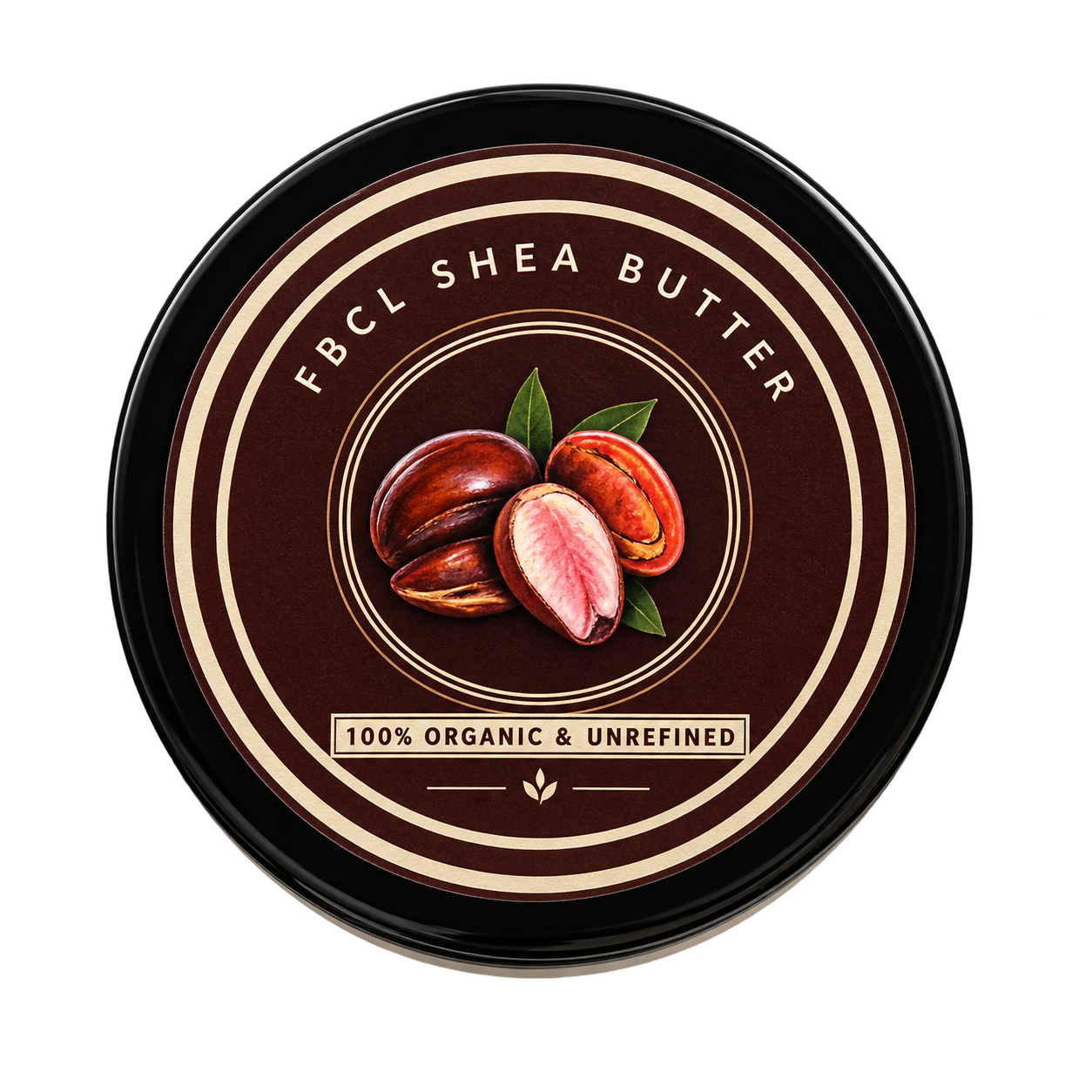 FBCL shea butter lid showing organic unrefined shea butter